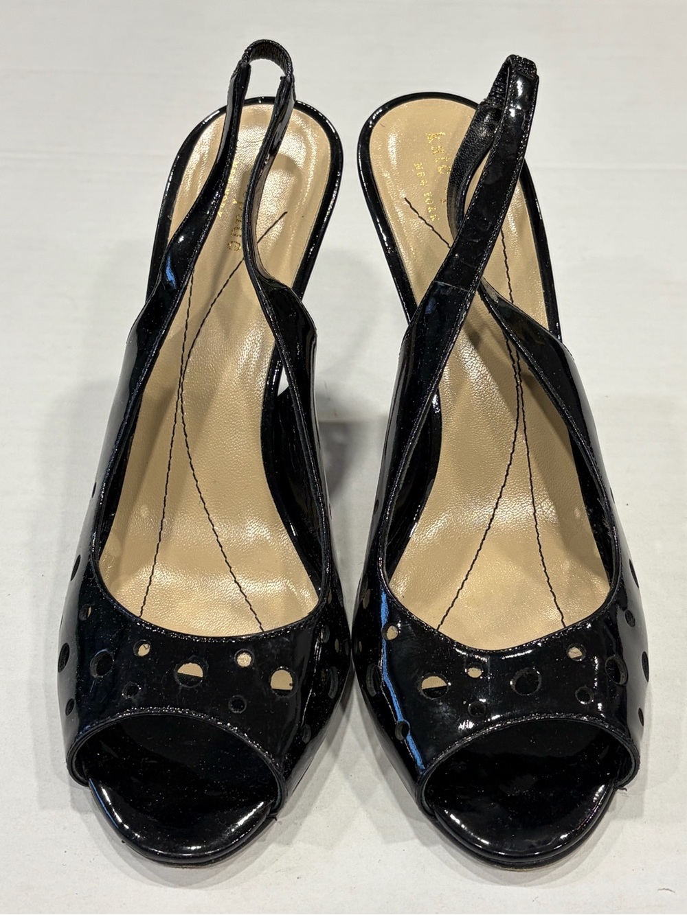 Kate Spade  Open peep-toe Slingback Pump Sandals Black Patent Leather Italy 8.5